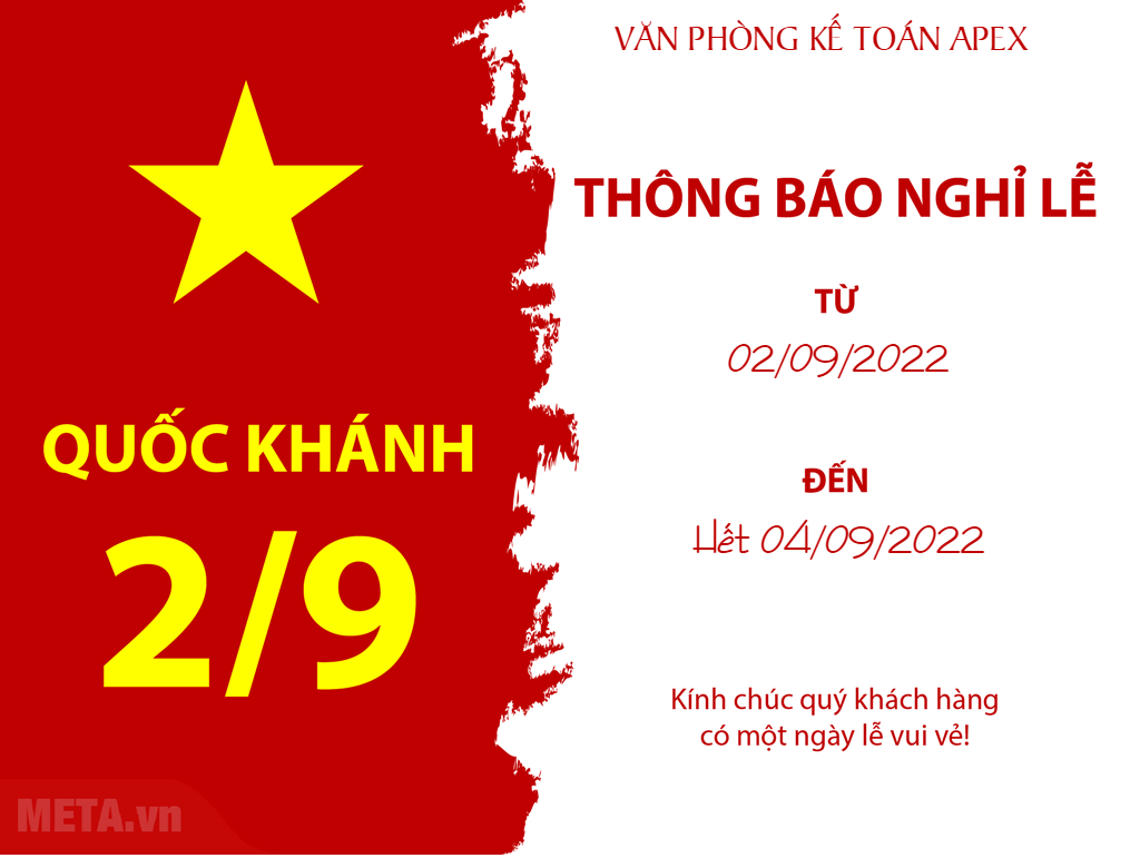 THÔNG BÁO LỊCH NGHỈ LỄ 2/9-2022